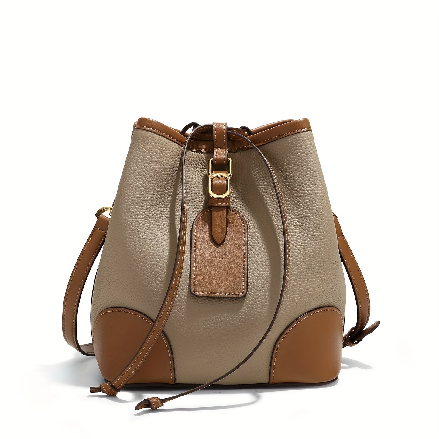 Genuine Leather Mini Bucket Bag, Color Contrast Patchwork Crossbody Bag, Trendy Luxury Drawstring Shoulder Bag