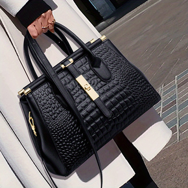 Genuine leather crocodile pattern handbag - Fashionable zipper double handle handbag - Perfect for work and office use