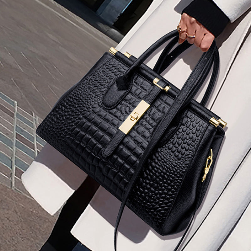 Genuine leather crocodile pattern handbag - Fashionable zipper double handle handbag - Perfect for work and office use