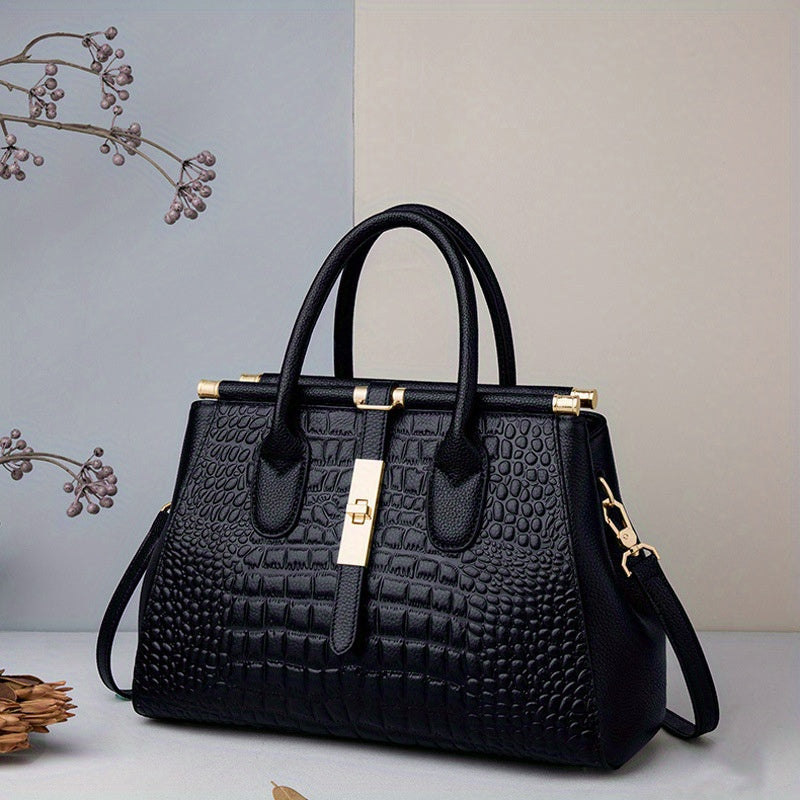 Genuine leather crocodile pattern handbag - Fashionable zipper double handle handbag - Perfect for work and office use