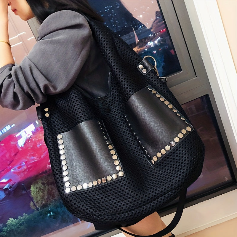 Women's Large Capacity Shoulder Bag Vintage Mesh Face Shoulder Bag Leather Large Handbag