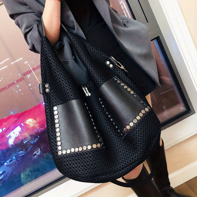 Women's Large Capacity Shoulder Bag Vintage Mesh Face Shoulder Bag Leather Large Handbag