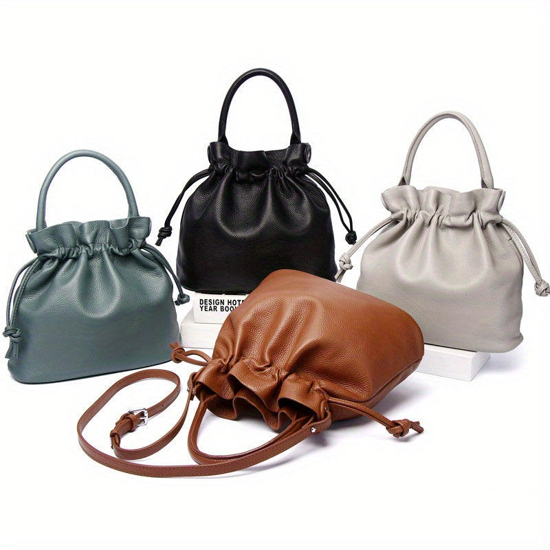 Drawstring Bucket Wrap Top Layer Cowhide Classic Pleated Hand Bag Fashion Shoulder Bag Women's Rossbody Bag