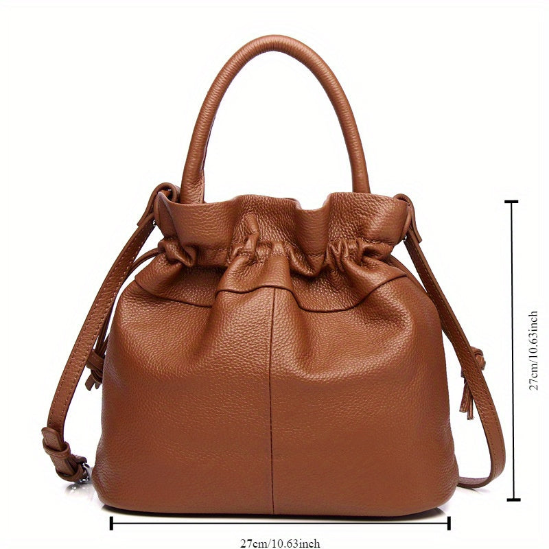 Drawstring Bucket Wrap Top Layer Cowhide Classic Pleated Hand Bag Fashion Shoulder Bag Women's Rossbody Bag