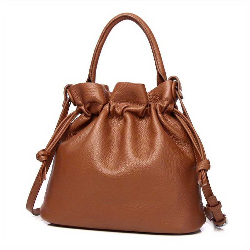 Drawstring Bucket Wrap Top Layer Cowhide Classic Pleated Hand Bag Fashion Shoulder Bag Women's Rossbody Bag