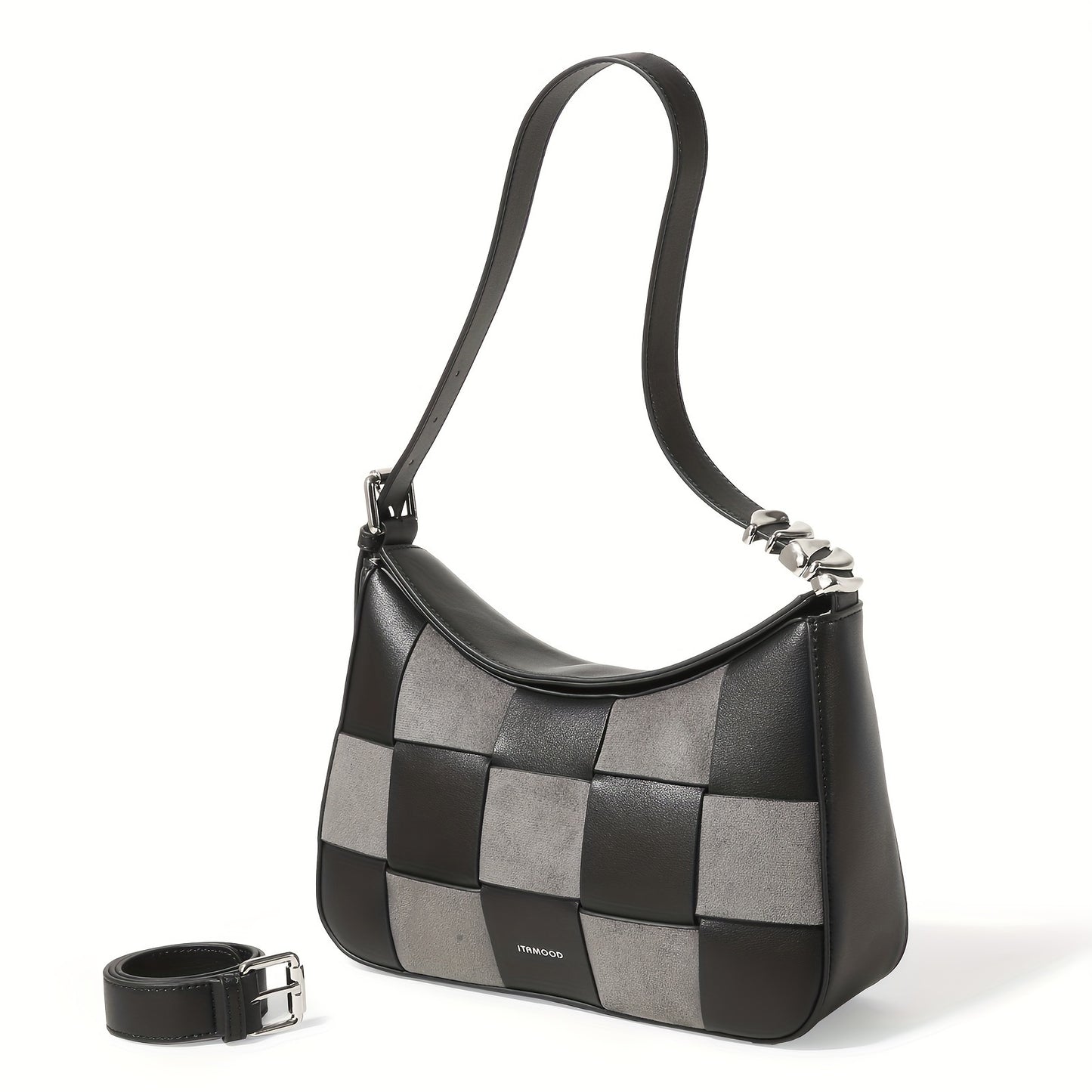 1pc Fashionable Woven Shoulder Bag, Genuine Leather Armpit Bag, Luxurious Checkered Pattern Handbag, Women's Wallet