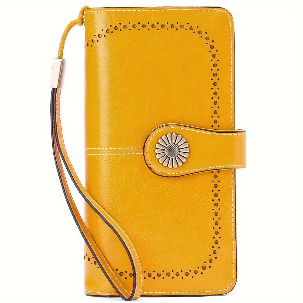 Women's Genuine Leather RFID Blocking Wallet With Wrist Strap, Casual Clutch Card Holder, Elegant Zip Closure Coin Purse