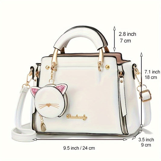 Chic Cat-Ears Ladies Handbag, Versatile Faux Leather Shoulder & Crossbody Purse For Women