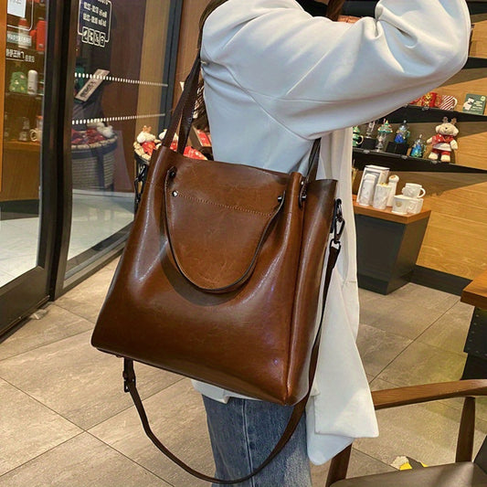 Classic Vintage Leather Tote Bag, Solid Color Crossbody Shoulder Bag, Women's Office & Work Purse