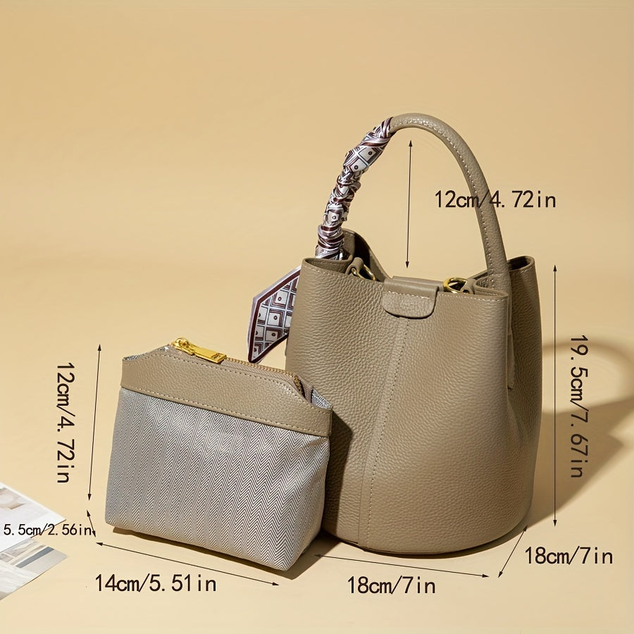 Luxury Bucket Bag For Women, Scarf Decor Vegetable Basket Handbag, Fashion Soft Crossbody Bag With Two Shoulder Straps