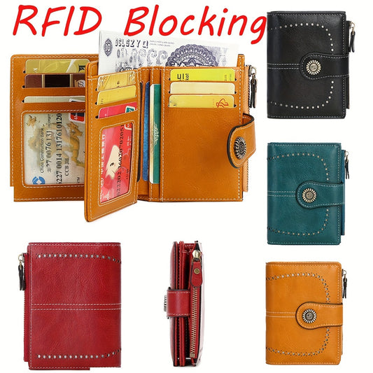 Small Womens Wallet Leather Bifold Card Holder RFID Blocking with Zipper Coin Pocket