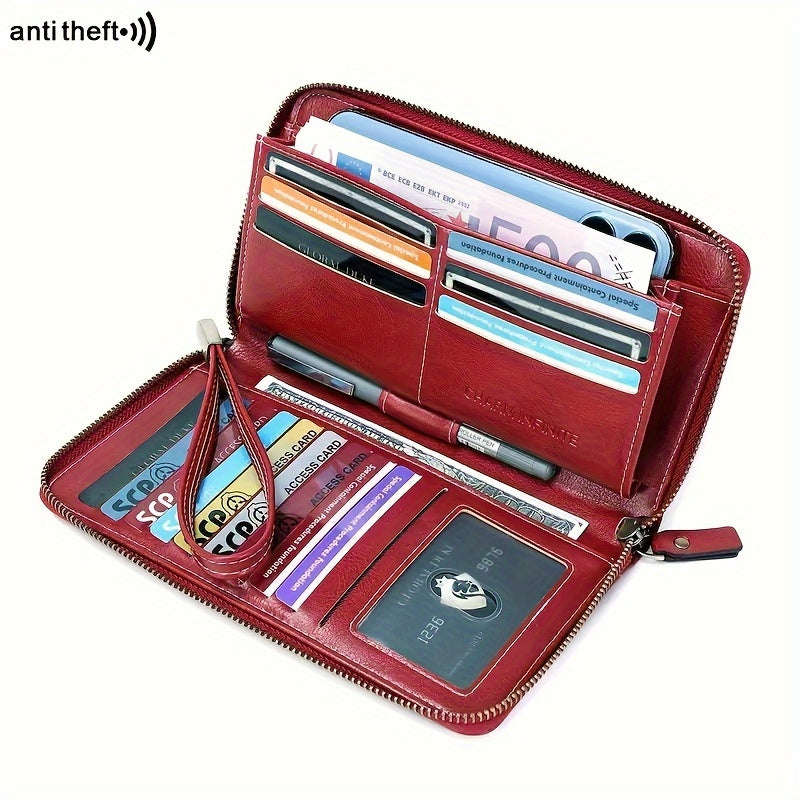 1 Pc RFID Blocking Large Capacity Long Wallet PU Leather Solid Color Women's Coin Purse Multi-Functional Zipper Wallet With Wrist Strap Passport Ticket Credit Card Holder Can Accommodate Large Screen Phone Minimalist Versatile