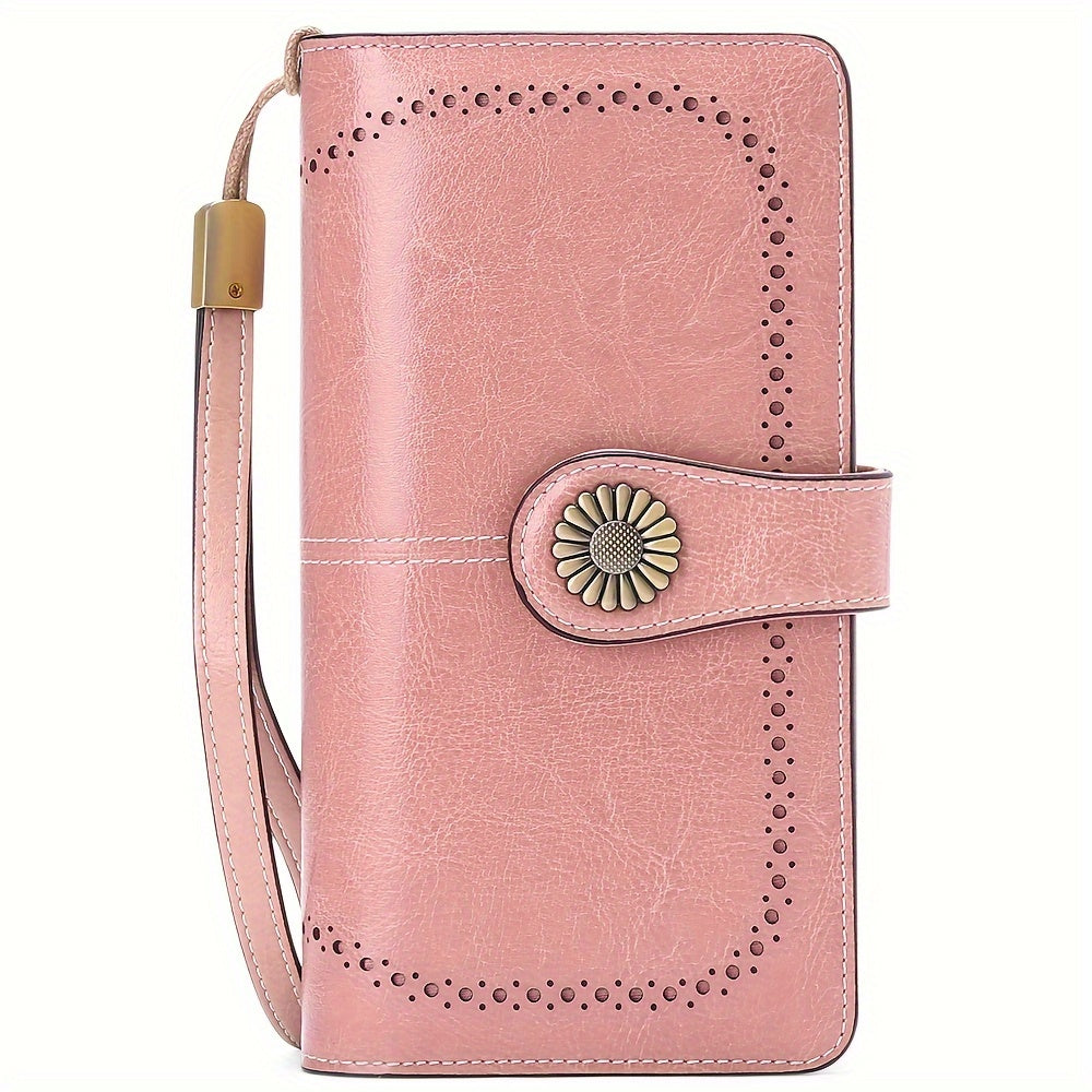 Women's Genuine Leather RFID Blocking Wallet With Wrist Strap, Casual Clutch Card Holder, Elegant Zip Closure Coin Purse