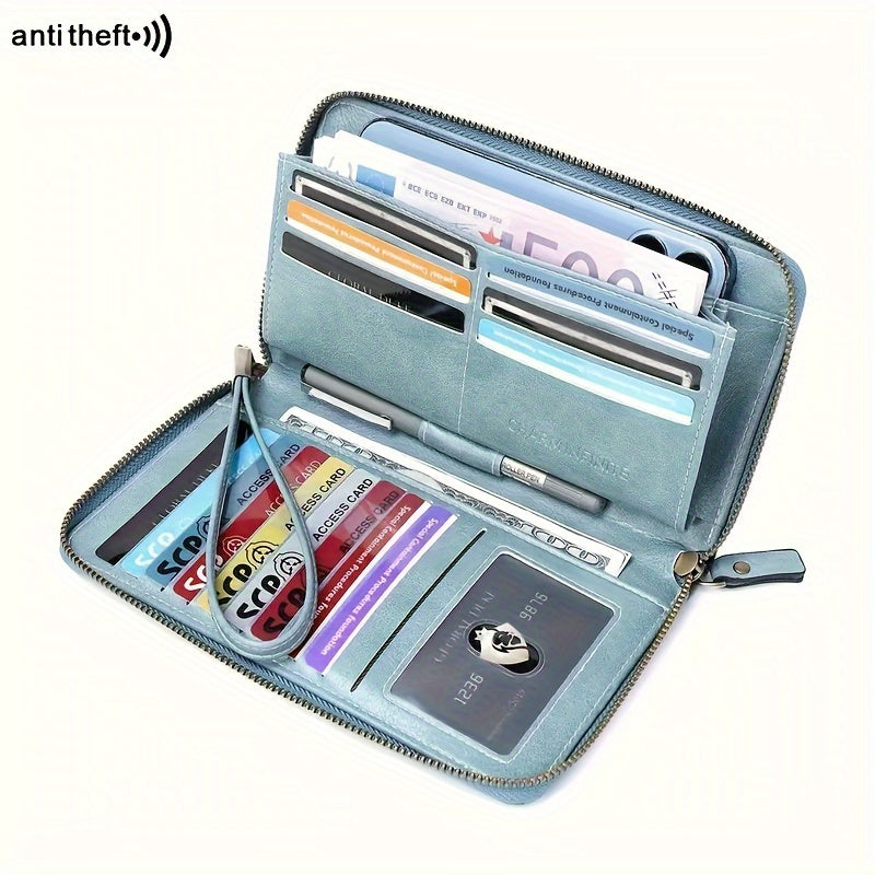 1 Pc RFID Blocking Large Capacity Long Wallet PU Leather Solid Color Women's Coin Purse Multi-Functional Zipper Wallet With Wrist Strap Passport Ticket Credit Card Holder Can Accommodate Large Screen Phone Minimalist Versatile