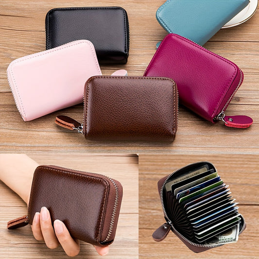 Genuine Leather RFID Blocking 16 Card Slots Credit Card Holder, Small Card Case For Women, Zipper Around Coin Purse Wallet