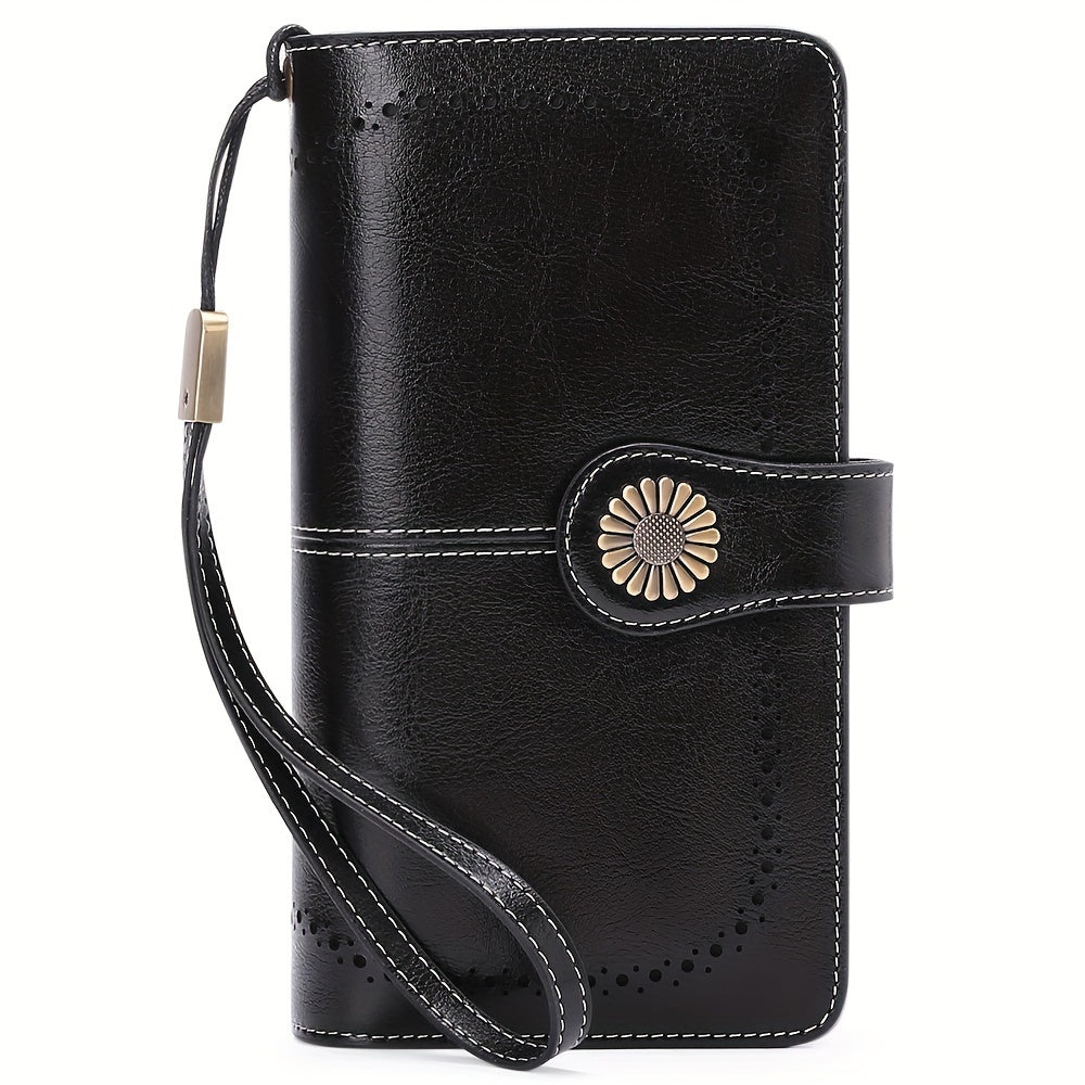 Women's Genuine Leather RFID Blocking Wallet With Wrist Strap, Casual Clutch Card Holder, Elegant Zip Closure Coin Purse