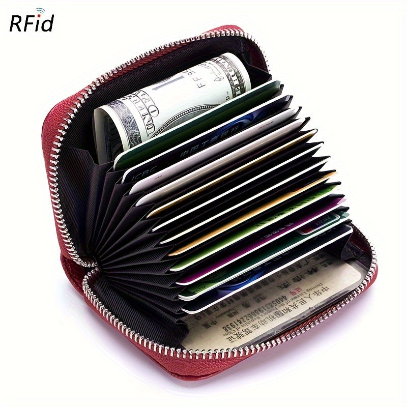 Genuine Leather RFID Blocking 16 Card Slots Credit Card Holder, Small Card Case For Women, Zipper Around Coin Purse Wallet