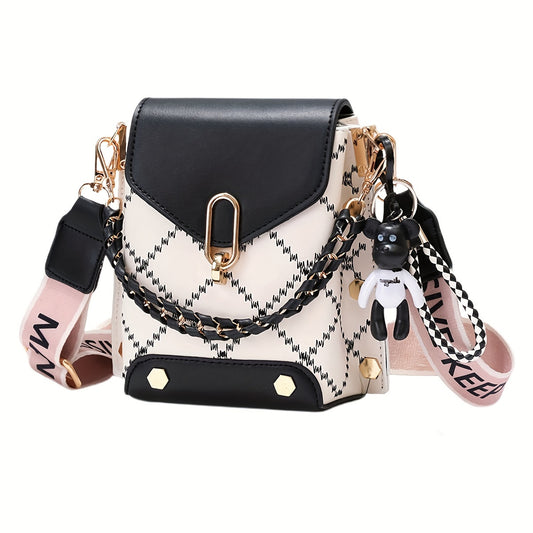 Women's Mini Plaid Crossbody Bag With Chain Decor, Flap Mini Shoulder Purse, Classic Shoulder Bag With Wide Shoulder Strap