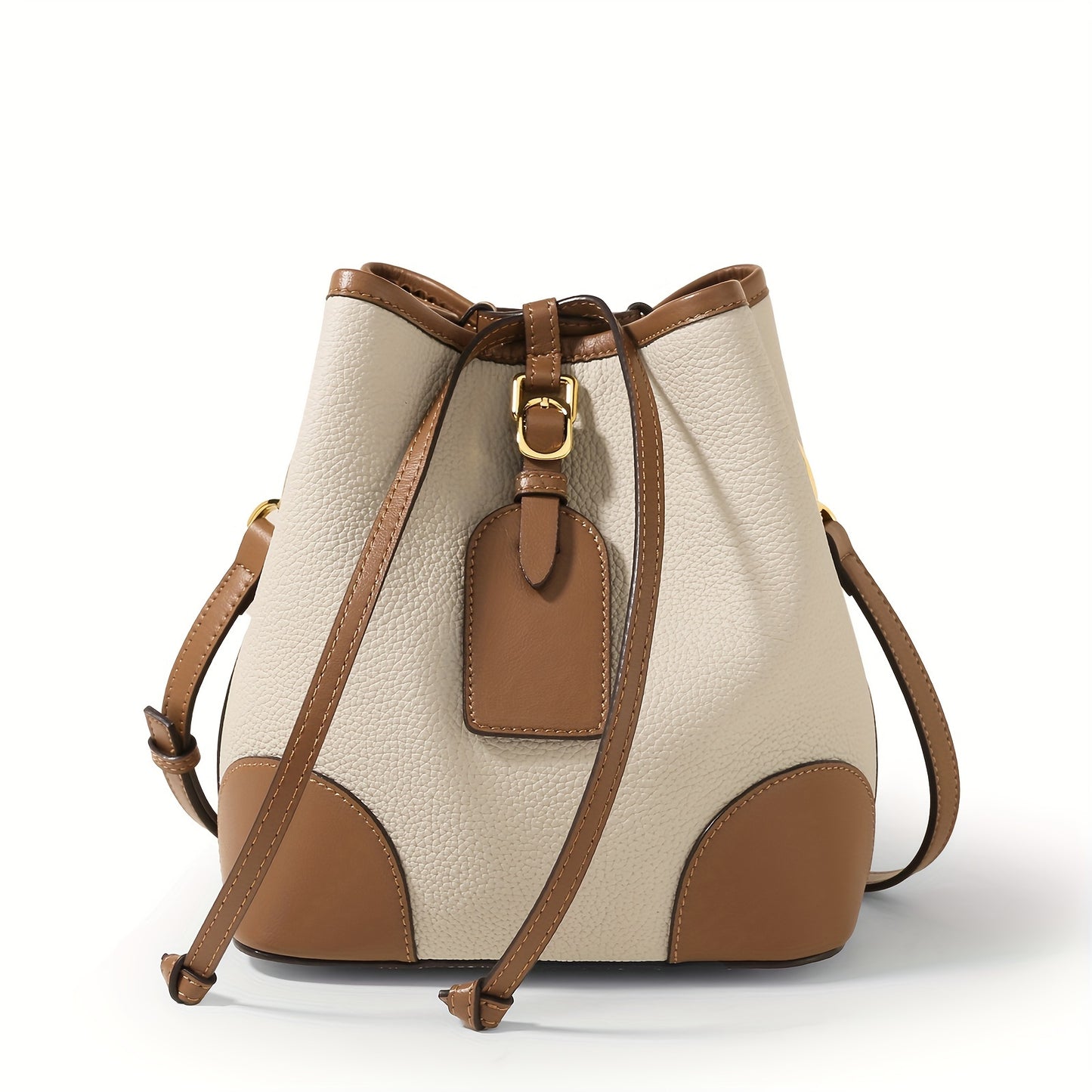 Genuine Leather Mini Bucket Bag, Color Contrast Patchwork Crossbody Bag, Trendy Luxury Drawstring Shoulder Bag