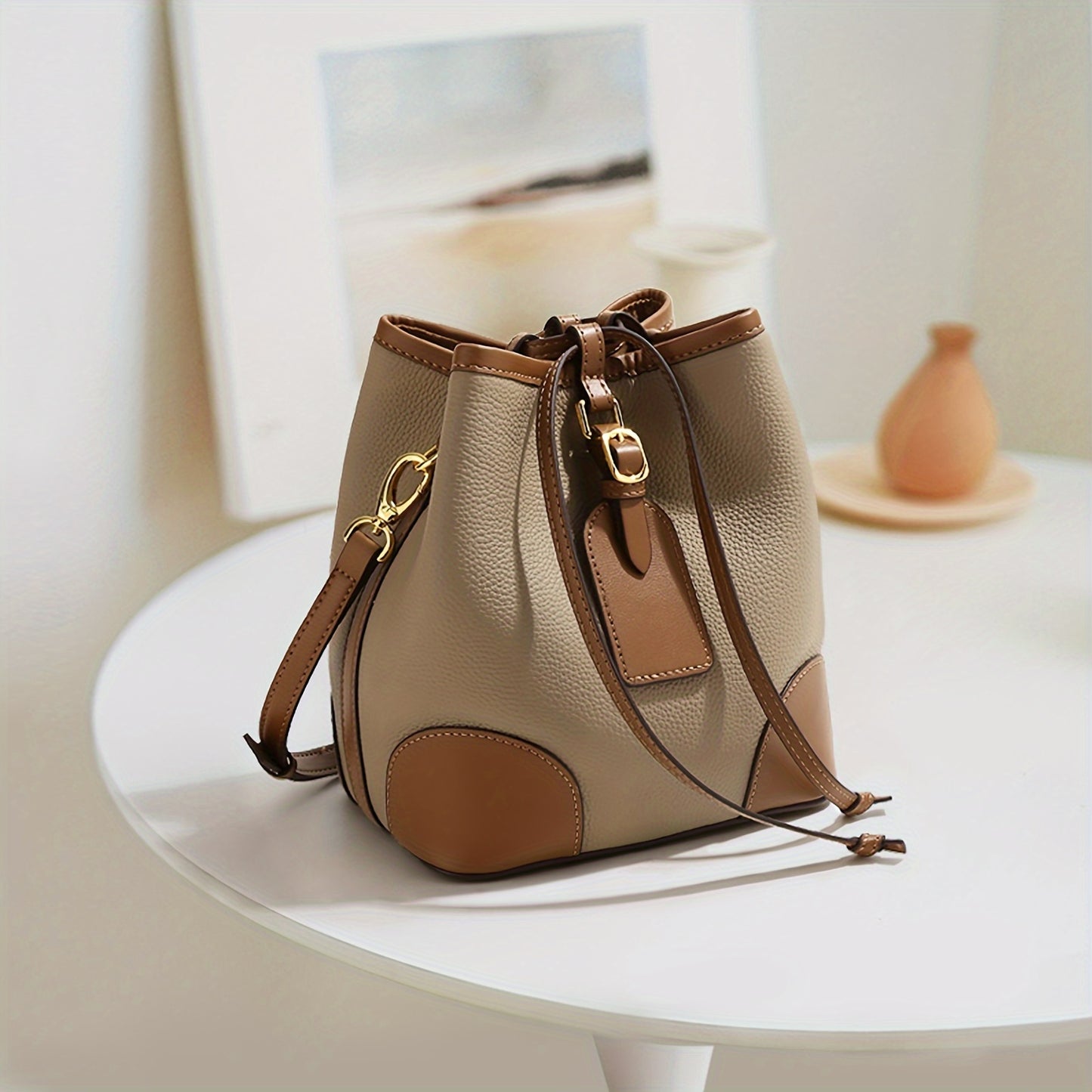 Genuine Leather Mini Bucket Bag, Color Contrast Patchwork Crossbody Bag, Trendy Luxury Drawstring Shoulder Bag