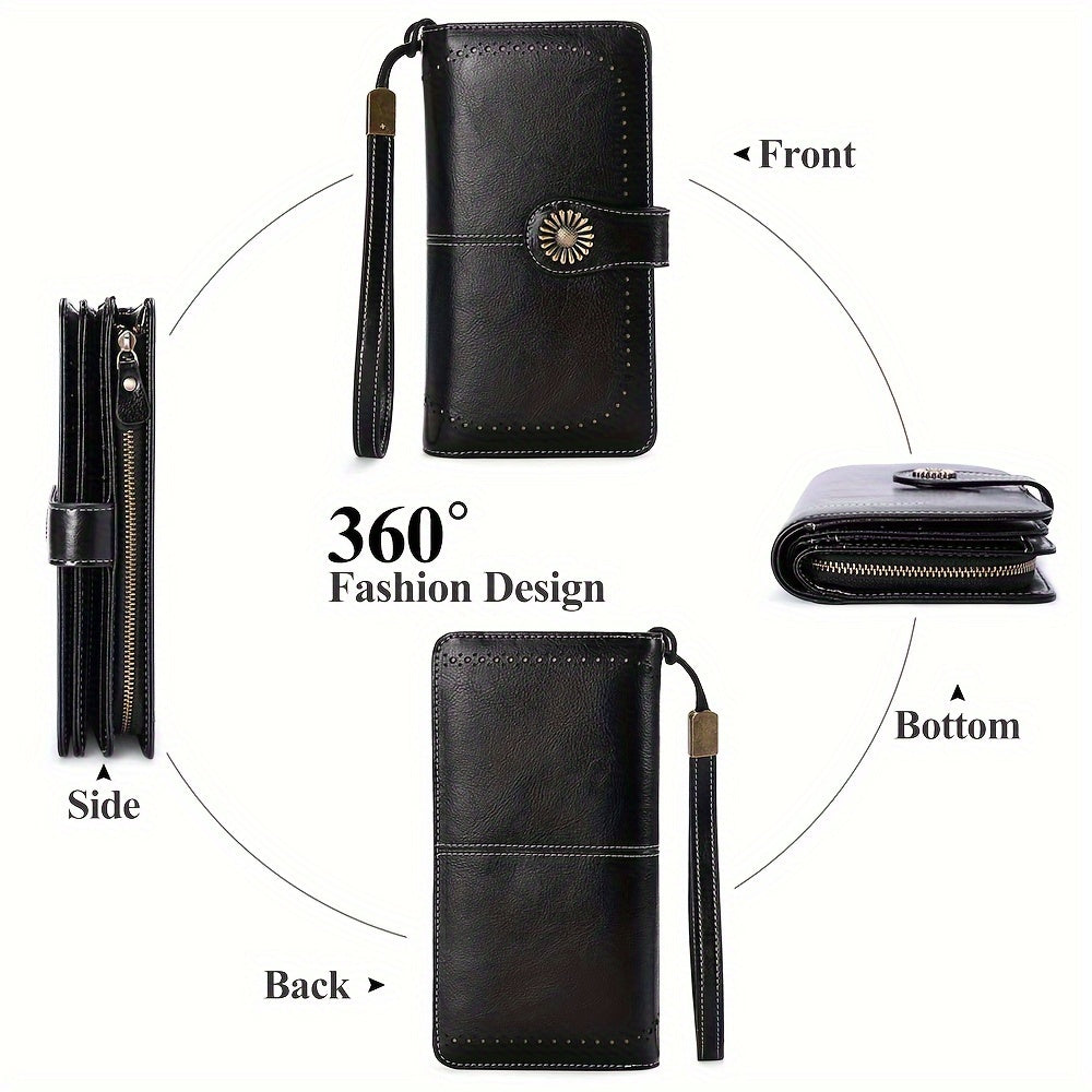 Women's Genuine Leather RFID Blocking Wallet With Wrist Strap, Casual Clutch Card Holder, Elegant Zip Closure Coin Purse