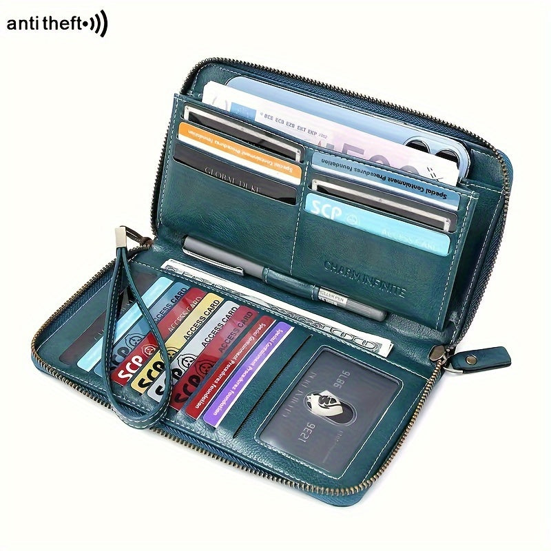 1 Pc RFID Blocking Large Capacity Long Wallet PU Leather Solid Color Women's Coin Purse Multi-Functional Zipper Wallet With Wrist Strap Passport Ticket Credit Card Holder Can Accommodate Large Screen Phone Minimalist Versatile