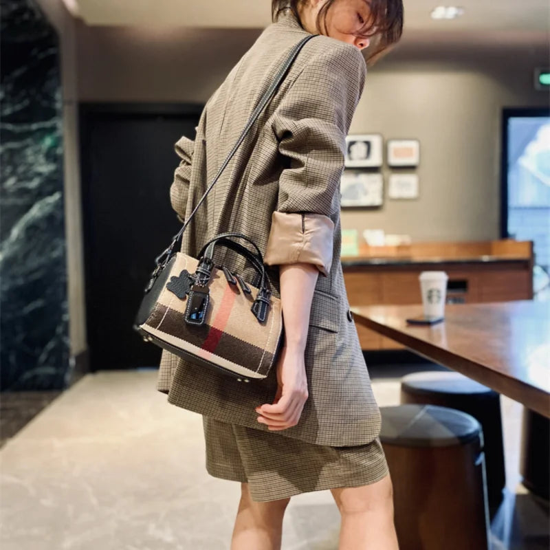 Genuine Leather Fashion Plaid Shoulder Bag for Women 2023 New Luxury Small Small Handbag Female Brand Designer Trends Bag