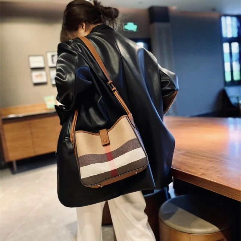 New Fashion Genuine Leather Bucket bag for Women 2023 Ladies Luxury Plaid Shoulder Bag Female Brand Designer Trends Handbags