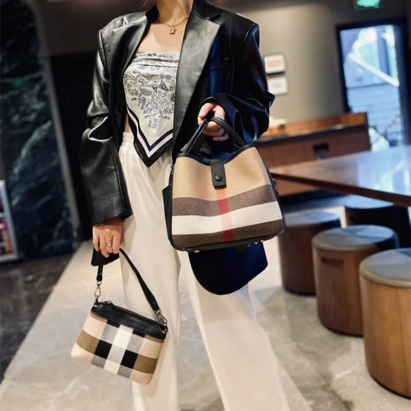 New Fashion Genuine Leather Bucket bag for Women 2023 Ladies Luxury Plaid Shoulder Bag Female Brand Designer Trends Handbags