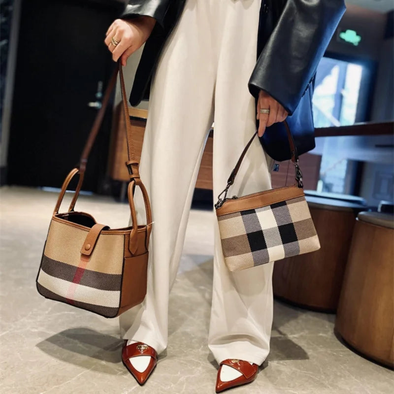 New Fashion Genuine Leather Bucket bag for Women 2023 Ladies Luxury Plaid Shoulder Bag Female Brand Designer Trends Handbags