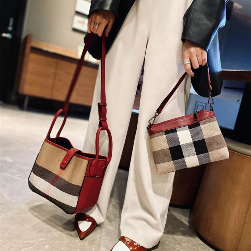 New Fashion Genuine Leather Bucket bag for Women 2023 Ladies Luxury Plaid Shoulder Bag Female Brand Designer Trends Handbags