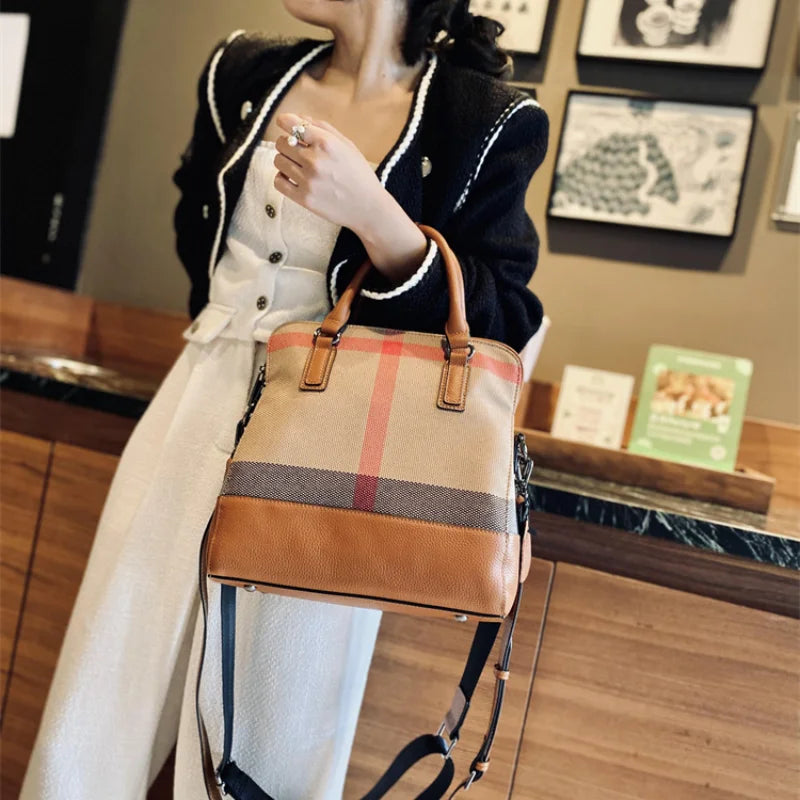 New Genuine Leather Plaid HandBag 2023 High Capacity Luxury Shoulder Bags Fashion Brand Designer Trends Handbag