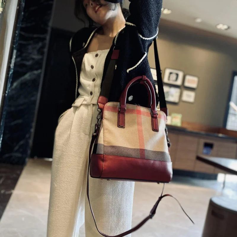 New Genuine Leather Plaid HandBag 2023 High Capacity Luxury Shoulder Bags Fashion Brand Designer Trends Handbag