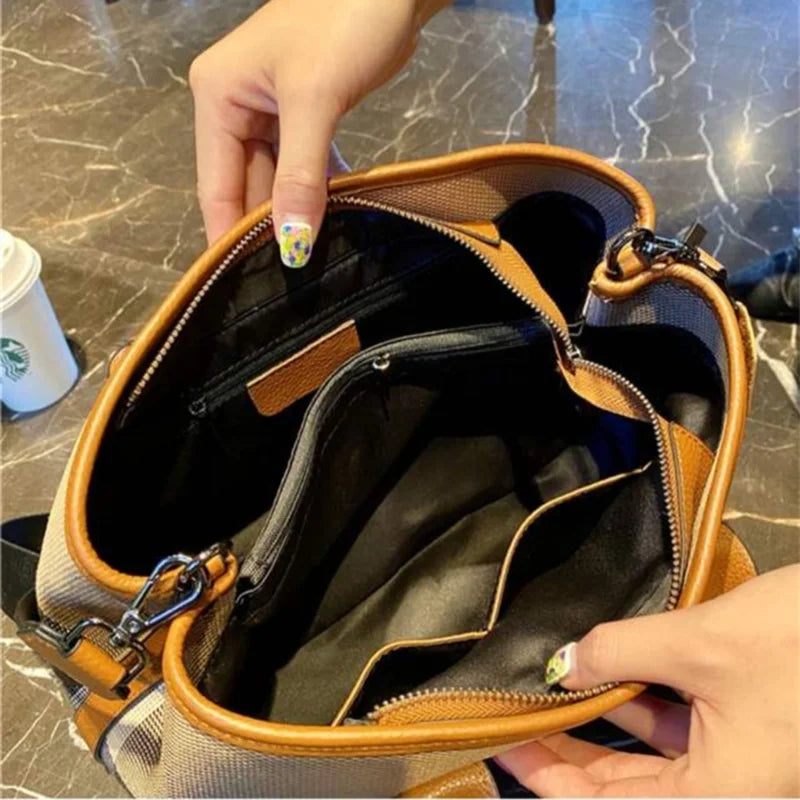 New Genuine Leather Plaid HandBag 2023 High Capacity Luxury Shoulder Bags Fashion Brand Designer Trends Handbag