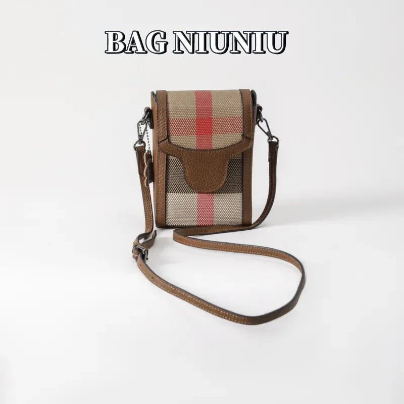 New Women's Shoulder Bag Fashion Canvas Small Cross Bag Leather Small Square Bag Striped Plaid Canvas Messenger Bag