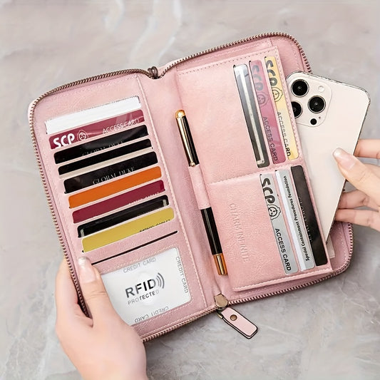 1 Pc RFID Blocking Large Capacity Long Wallet PU Leather Solid Color Women's Coin Purse Multi-Functional Zipper Wallet With Wrist Strap Passport Ticket Credit Card Holder Can Accommodate Large Screen Phone Minimalist Versatile