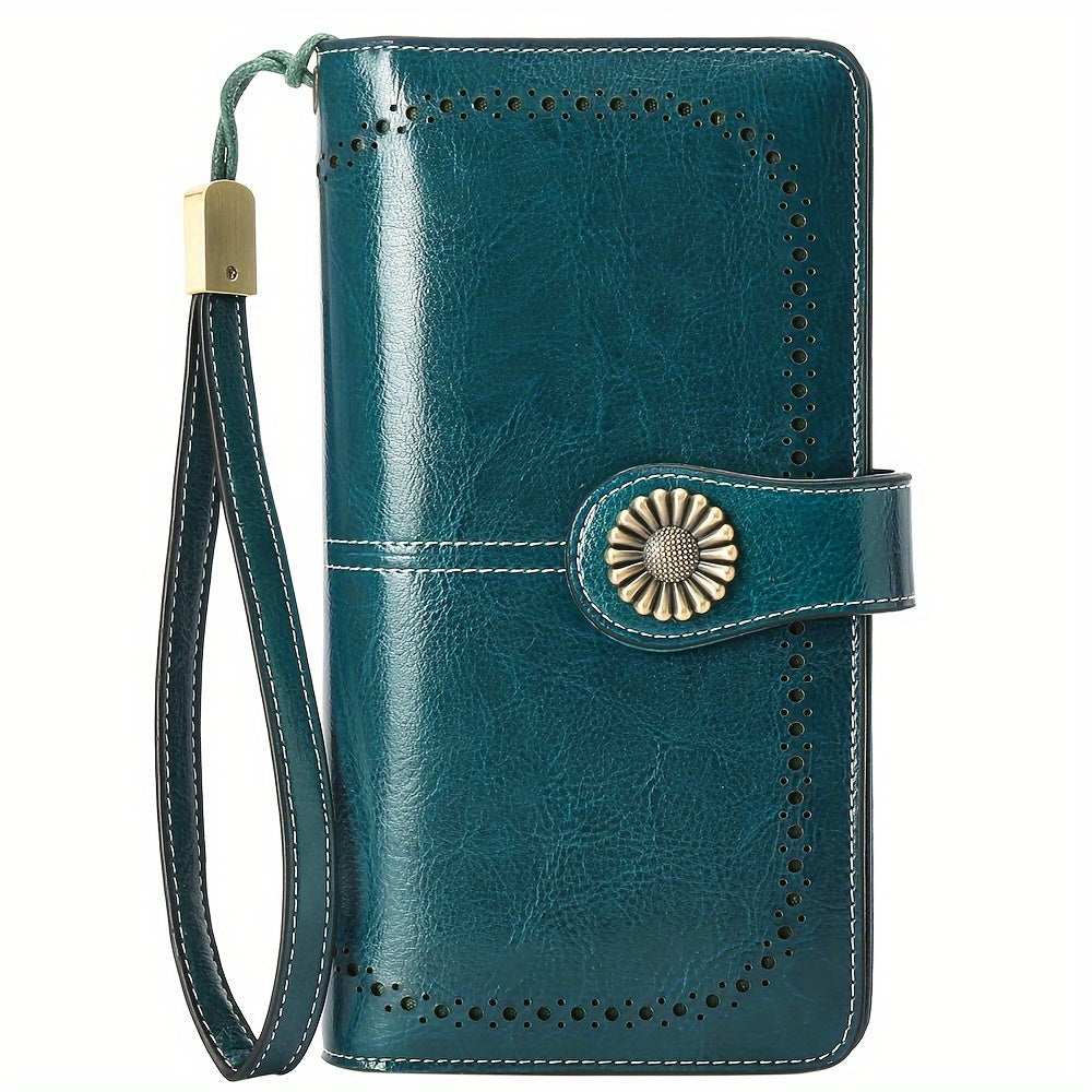 Women's Genuine Leather RFID Blocking Wallet With Wrist Strap, Casual Clutch Card Holder, Elegant Zip Closure Coin Purse