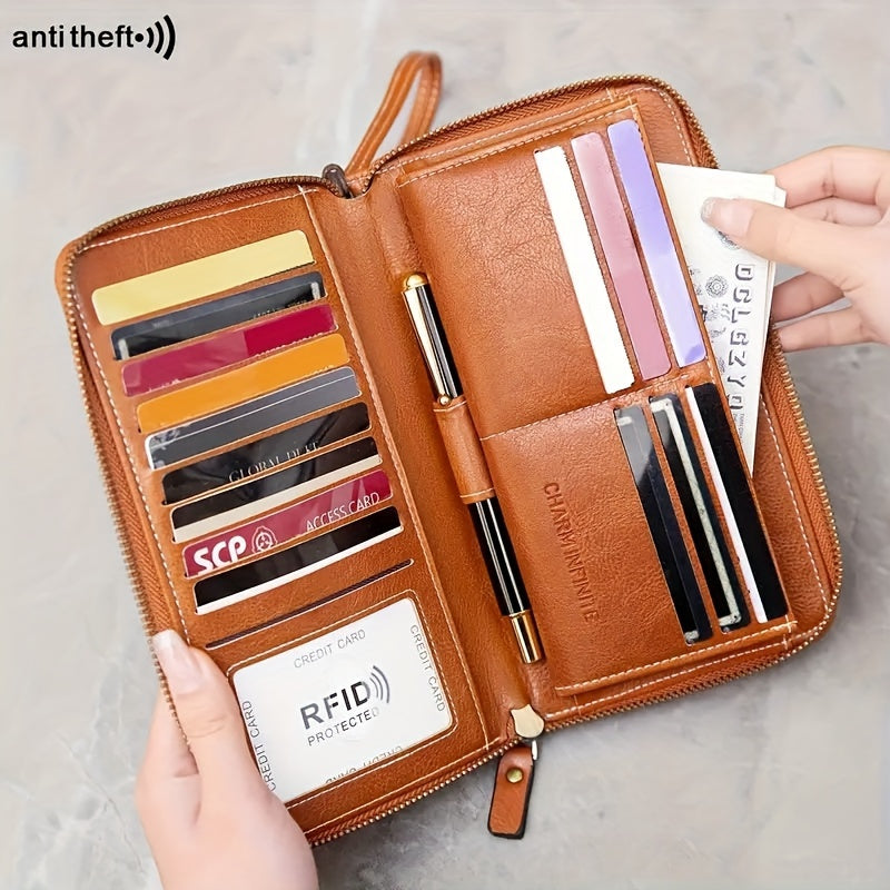 1 Pc RFID Blocking Large Capacity Long Wallet PU Leather Solid Color Women's Coin Purse Multi-Functional Zipper Wallet With Wrist Strap Passport Ticket Credit Card Holder Can Accommodate Large Screen Phone Minimalist Versatile