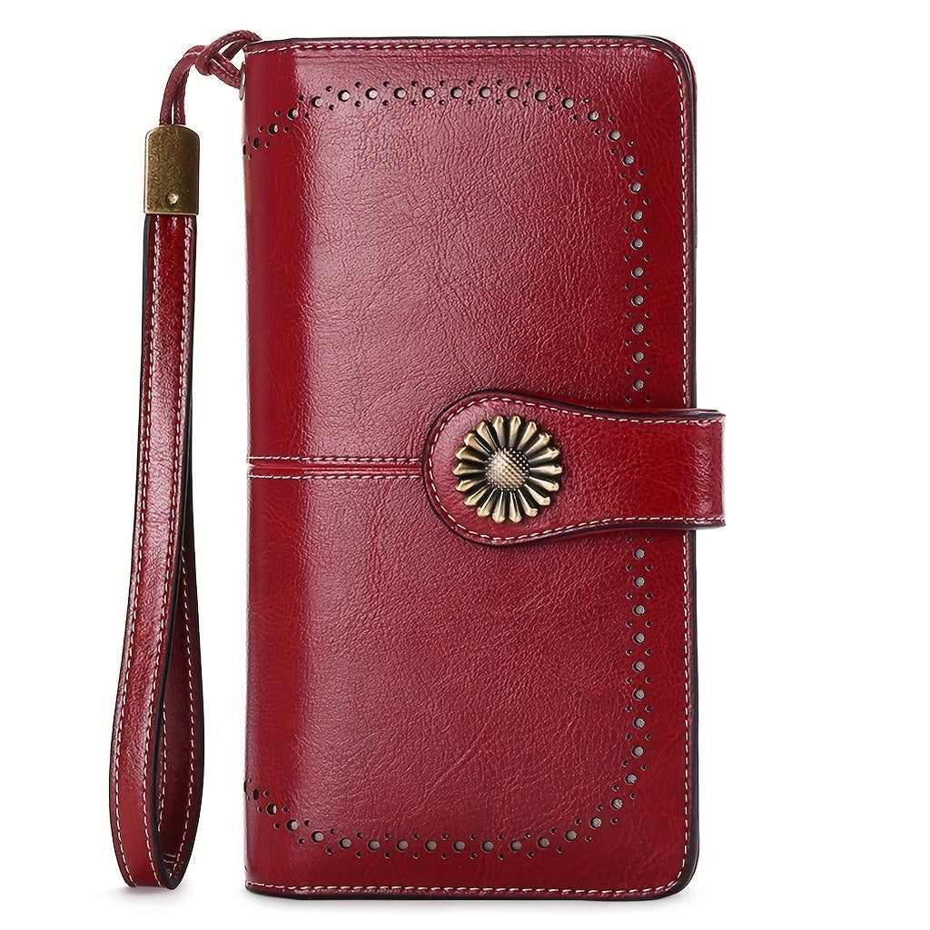 Women's Genuine Leather RFID Blocking Wallet With Wrist Strap, Casual Clutch Card Holder, Elegant Zip Closure Coin Purse