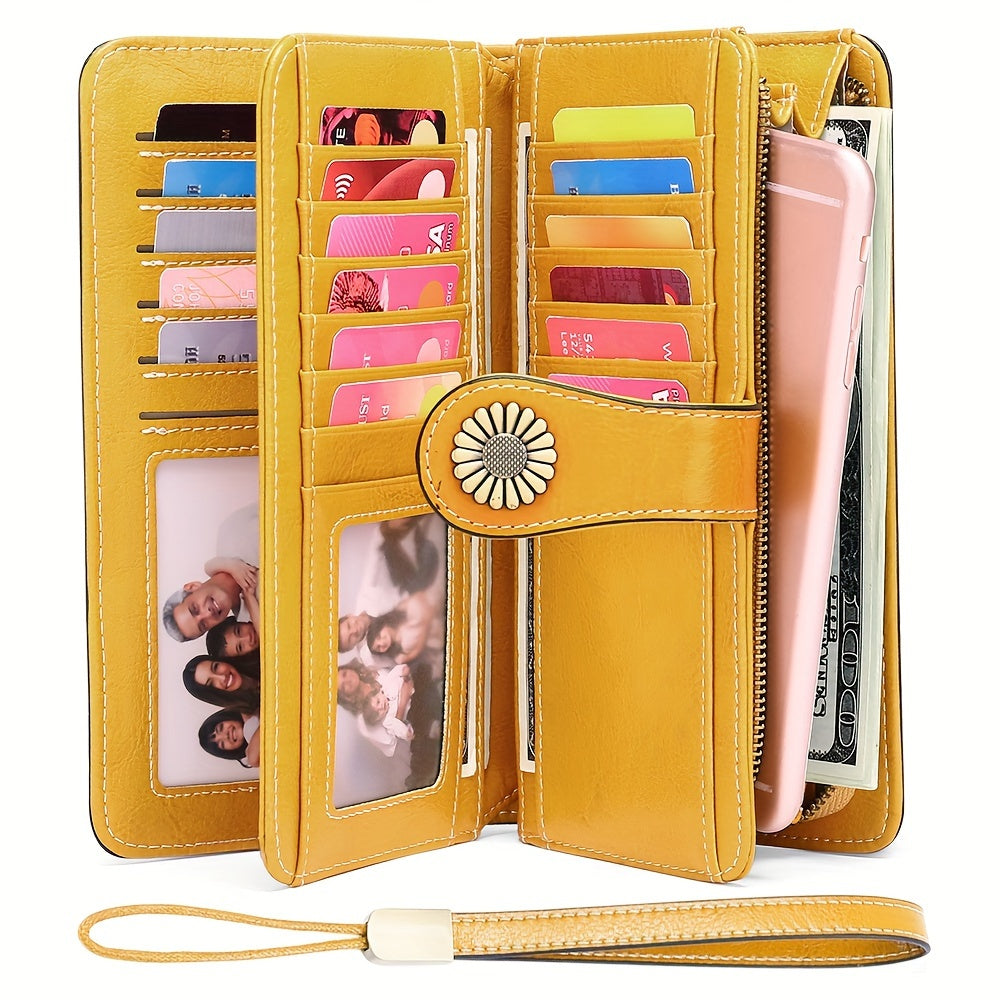 Women's Genuine Leather RFID Blocking Wallet With Wrist Strap, Casual Clutch Card Holder, Elegant Zip Closure Coin Purse