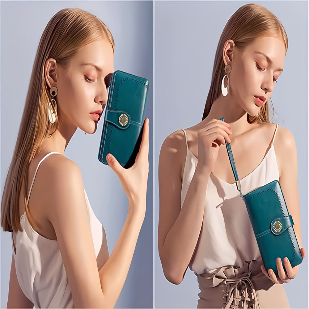 Women's Genuine Leather RFID Blocking Wallet With Wrist Strap, Casual Clutch Card Holder, Elegant Zip Closure Coin Purse