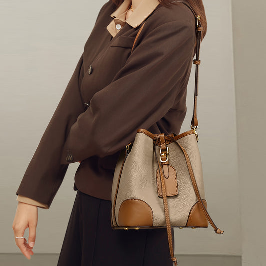 Genuine Leather Mini Bucket Bag, Color Contrast Patchwork Crossbody Bag, Trendy Luxury Drawstring Shoulder Bag