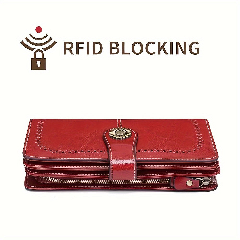 Women's Genuine Leather RFID Blocking Wallet With Wrist Strap, Casual Clutch Card Holder, Elegant Zip Closure Coin Purse