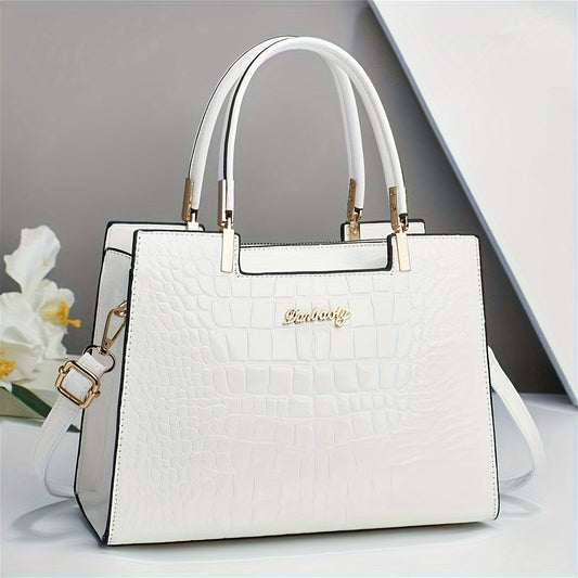 Classic Solid Color Shoulder Bag, Elegant Crocodile Pattern Top Handle Handbag For Women