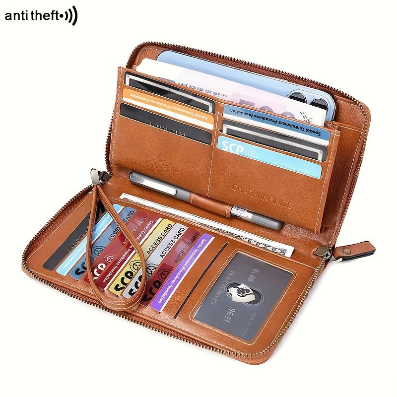 1 Pc RFID Blocking Large Capacity Long Wallet PU Leather Solid Color Women's Coin Purse Multi-Functional Zipper Wallet With Wrist Strap Passport Ticket Credit Card Holder Can Accommodate Large Screen Phone Minimalist Versatile