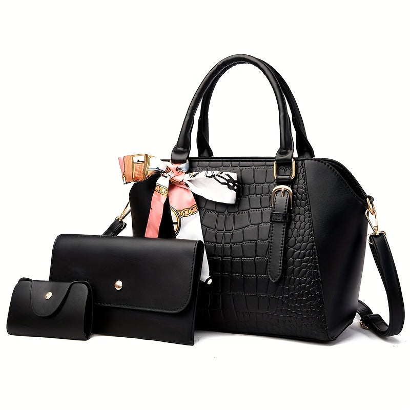 Women Fashion Synthetic Leather Handbags Tote Bag Shoulder Bag Top Handle Satchel Purse Set 3pcs