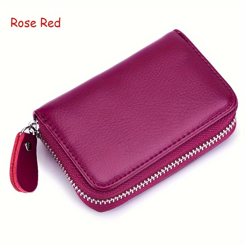 Genuine Leather RFID Blocking 16 Card Slots Credit Card Holder, Small Card Case For Women, Zipper Around Coin Purse Wallet