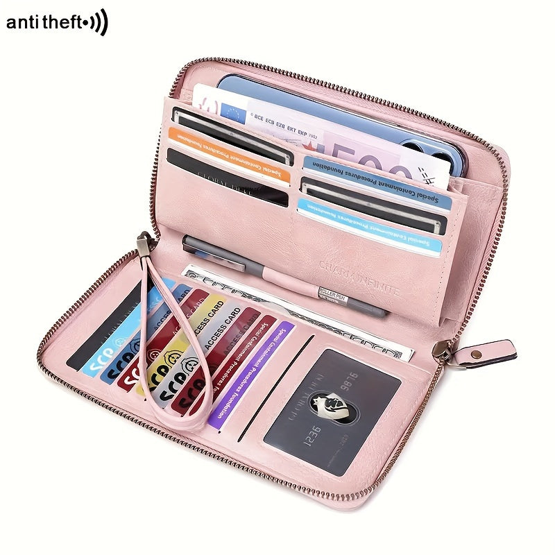 1 Pc RFID Blocking Large Capacity Long Wallet PU Leather Solid Color Women's Coin Purse Multi-Functional Zipper Wallet With Wrist Strap Passport Ticket Credit Card Holder Can Accommodate Large Screen Phone Minimalist Versatile