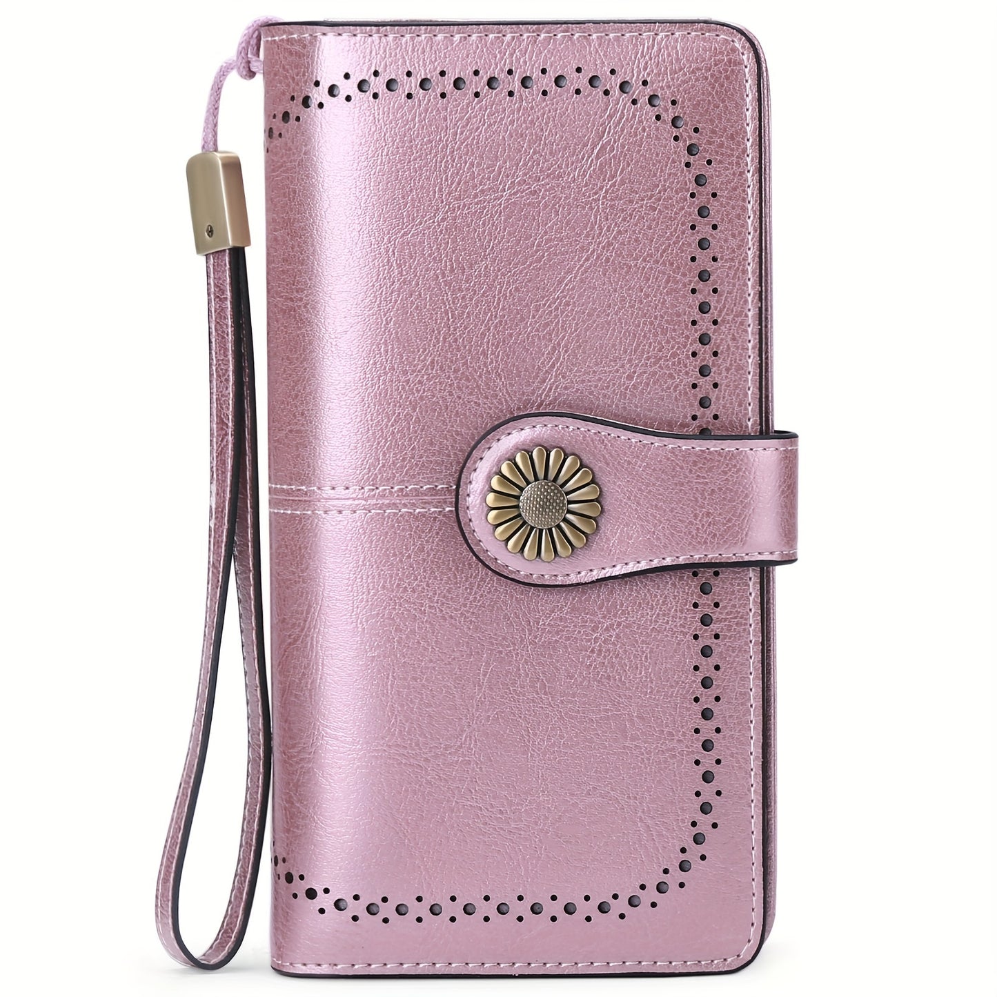 Women's Genuine Leather RFID Blocking Wallet With Wrist Strap, Casual Clutch Card Holder, Elegant Zip Closure Coin Purse