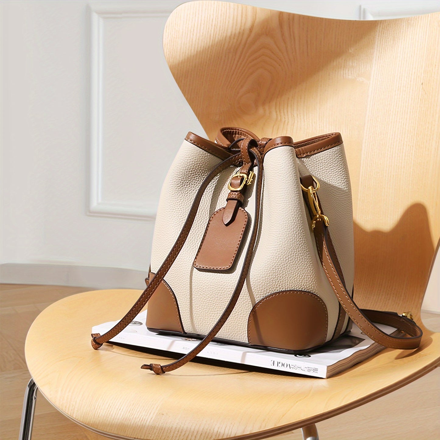 Genuine Leather Mini Bucket Bag, Color Contrast Patchwork Crossbody Bag, Trendy Luxury Drawstring Shoulder Bag